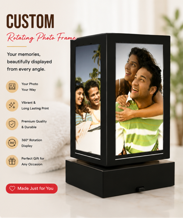 Custom Rotating Photo Frame Lamp with LED Light | 360° Personalized Memory Display