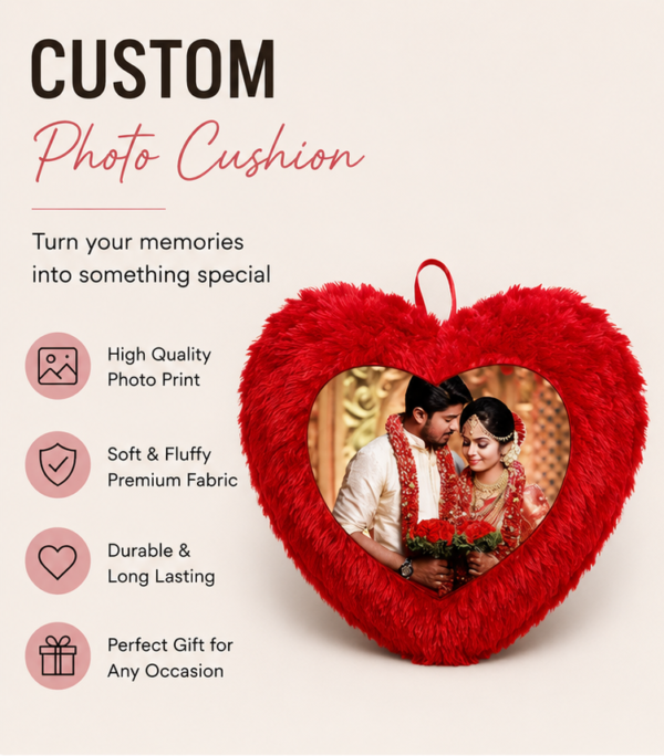 Custom RED colour Heart Shape Photo Cushion | Personalized Soft Fur Pillow