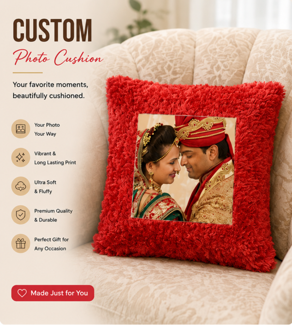 Custom Red Fur Photo Cushion | Personalized Fluffy Pillow for Couples & Wedding Gifts